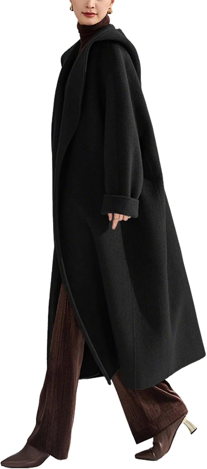 Hooded Belted Long Wool Coat for Women