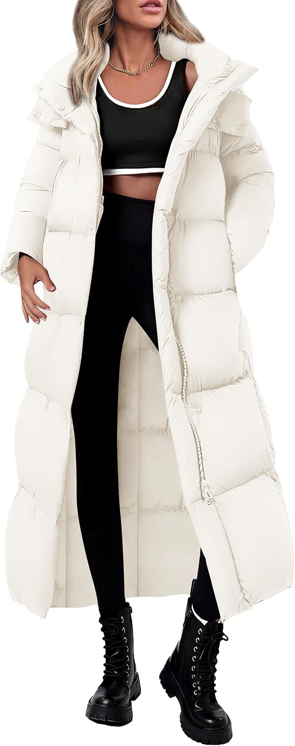 Long Hooded Puffer Coat with Drawstring for Women