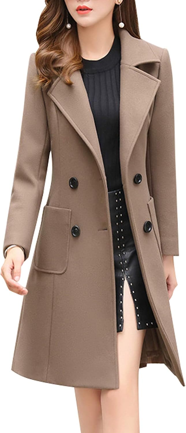 Double Breasted Wool Blend Pea Coat for Women