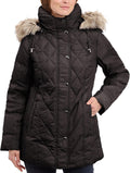 Diamond Quilted Down Coat with Fur Hood for Women