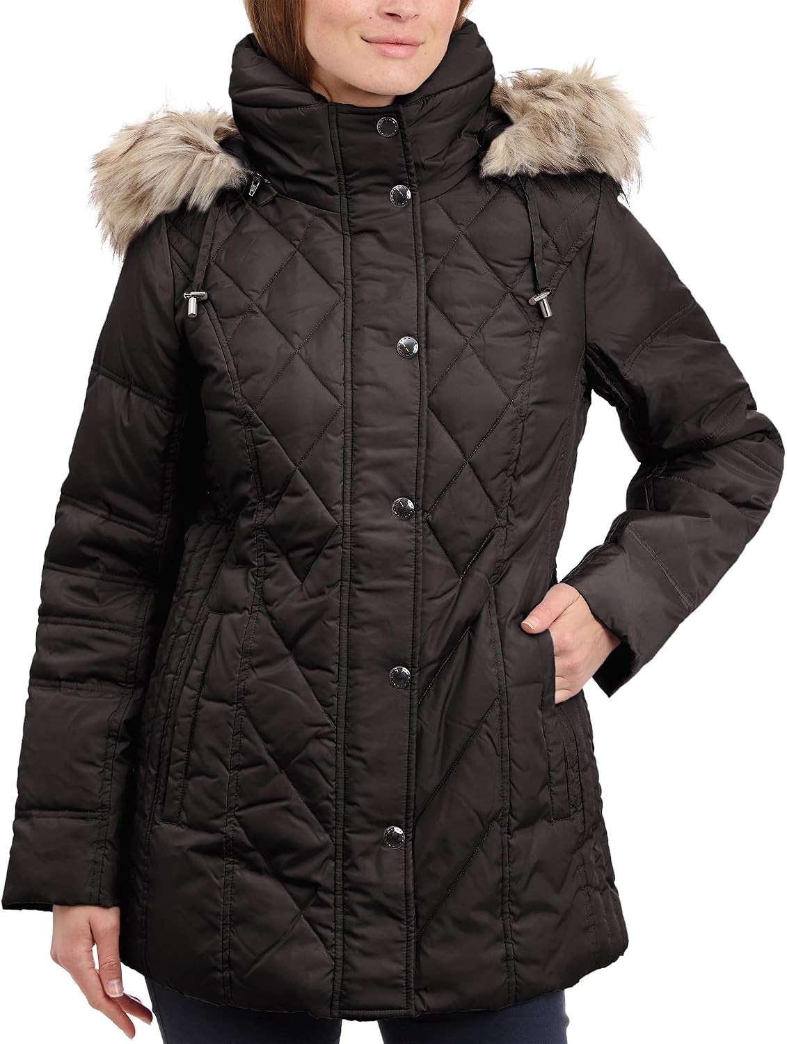 Diamond Quilted Down Coat with Fur Hood for Women